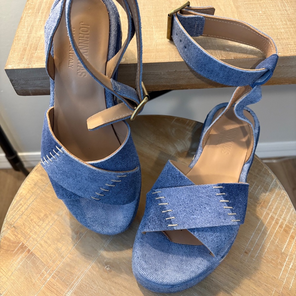 Johnny Was PATCHWORK LEATHER JEAN PLATFORM SANDAL sz 38 - Picture 3 of 11